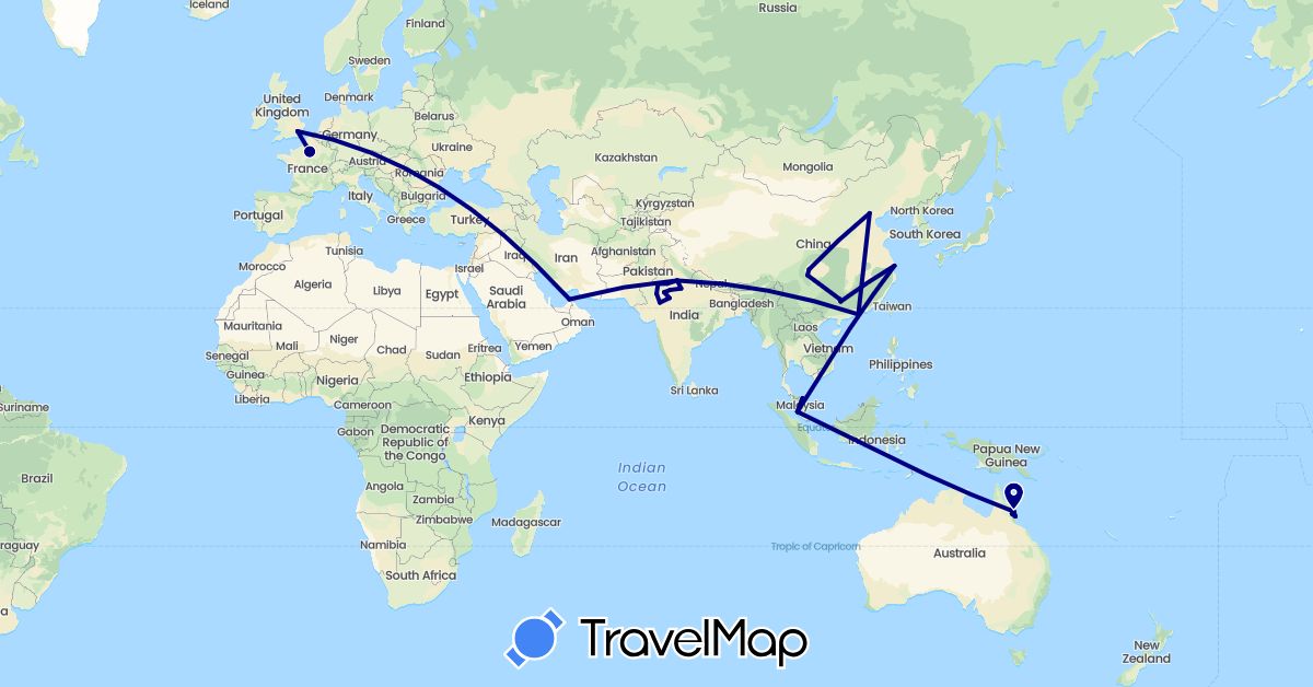 TravelMap itinerary: driving in United Arab Emirates, Australia, China, France, United Kingdom, Hong Kong, India, Malaysia (Asia, Europe, Oceania)